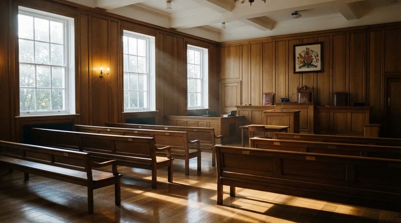 An empty courtroom with wooden benches in morning light