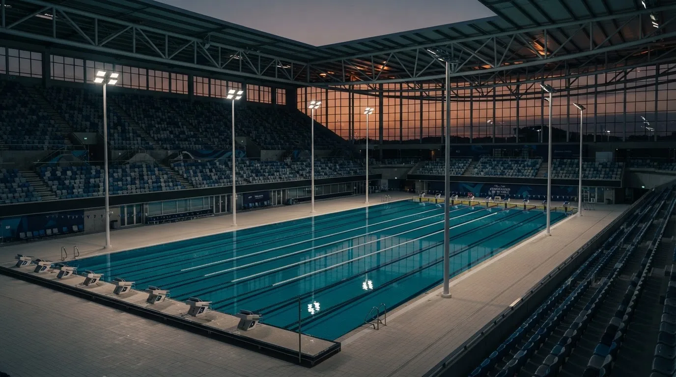 An empty football stadium with floodlight masts at dusk