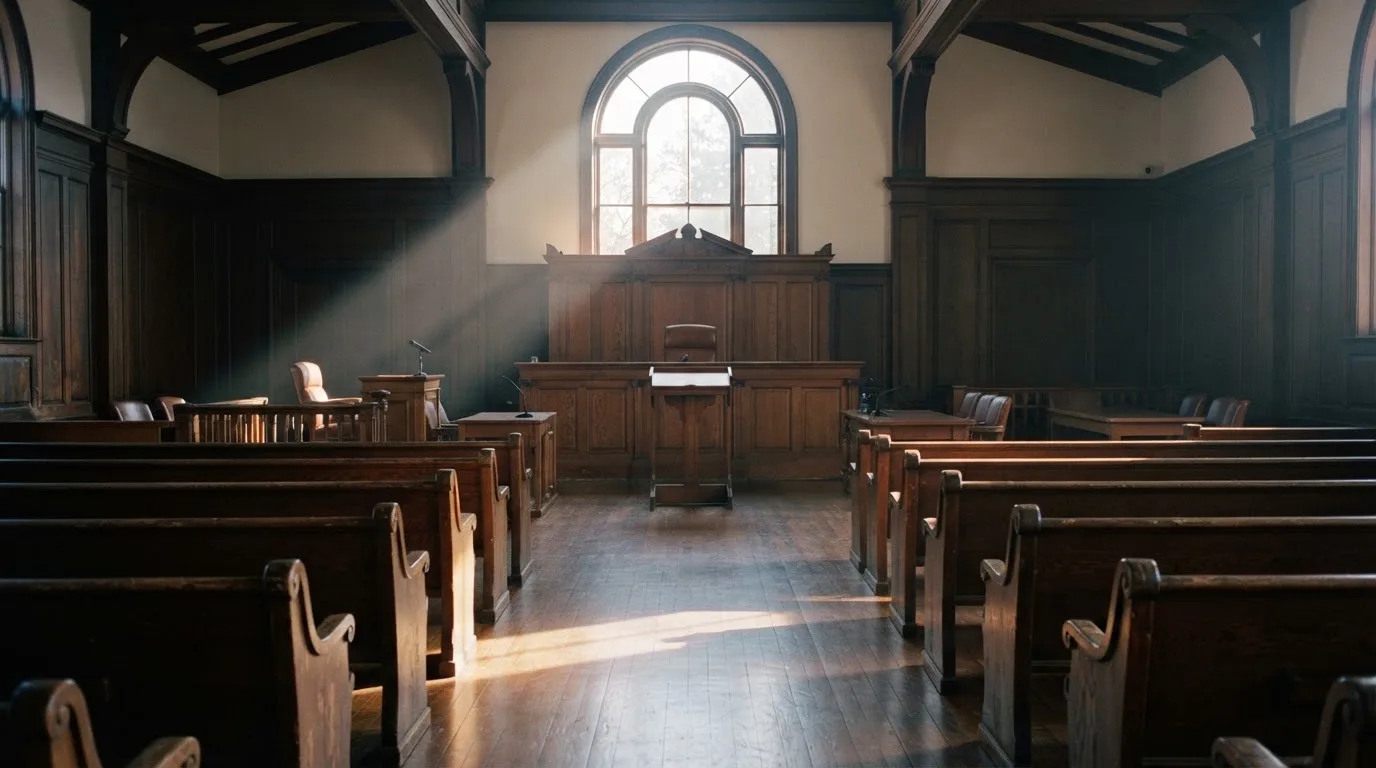 An empty courtroom with wooden benches in morning light