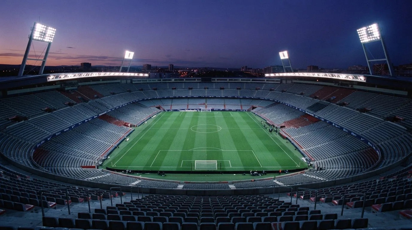 An empty football stadium with floodlight masts at dusk