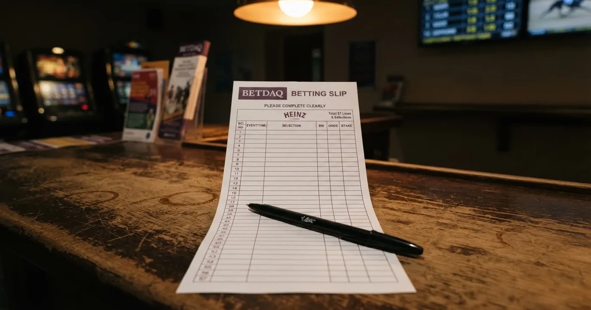 A blank paper betting slip beside a pen on a wooden counter