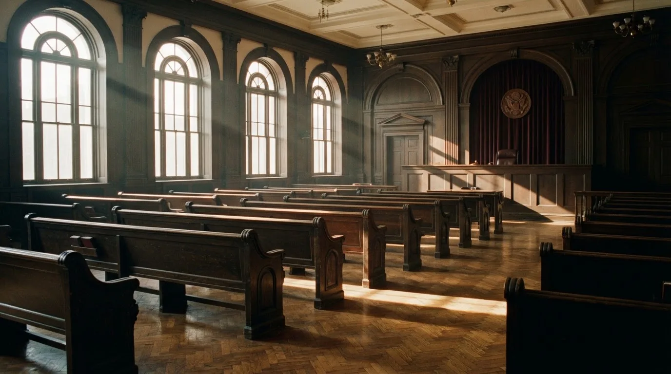 An empty courtroom with wooden benches in morning light