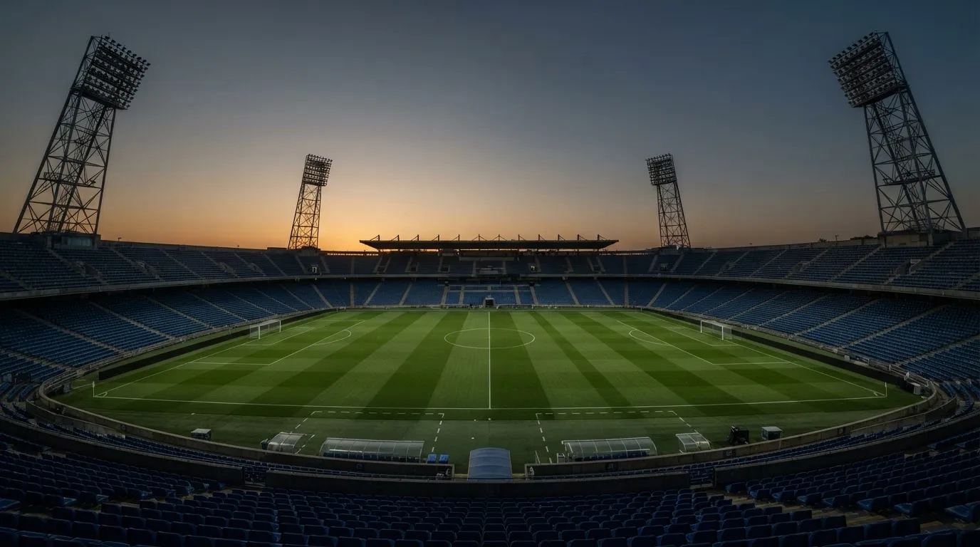 An empty football stadium with floodlight masts at dusk