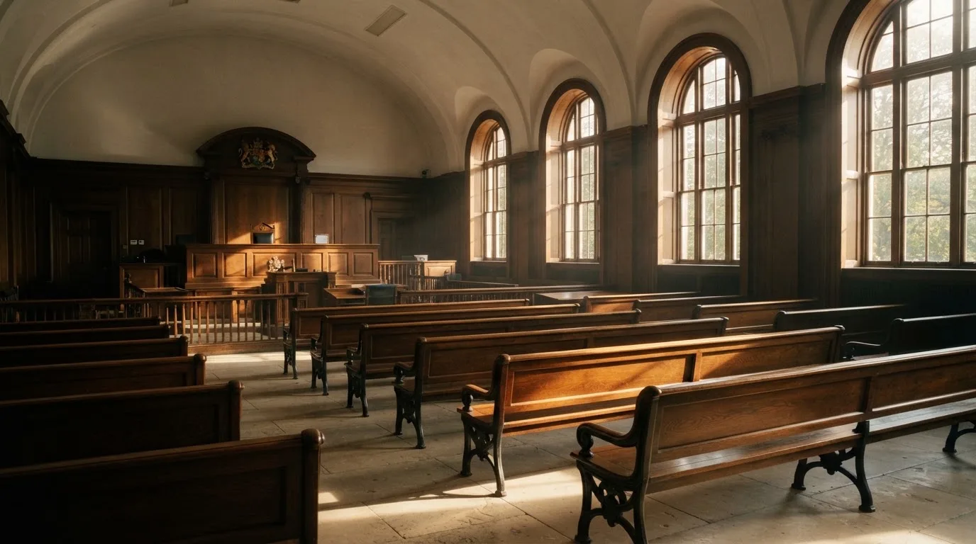 An empty courtroom with wooden benches in morning light