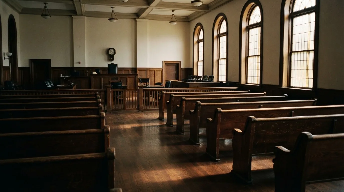An empty courtroom with wooden benches in morning light